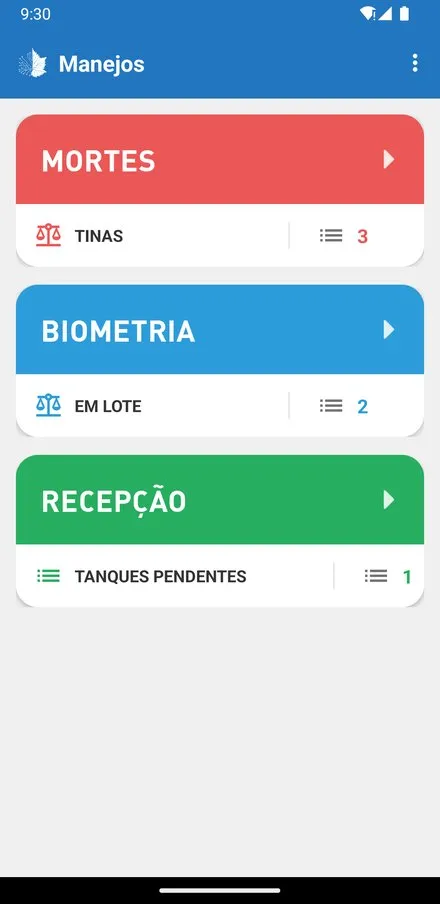 App de Manejos Piscicultura: menu de manejos