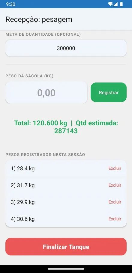 App de Manejos Piscicultura: recepção com pesagem