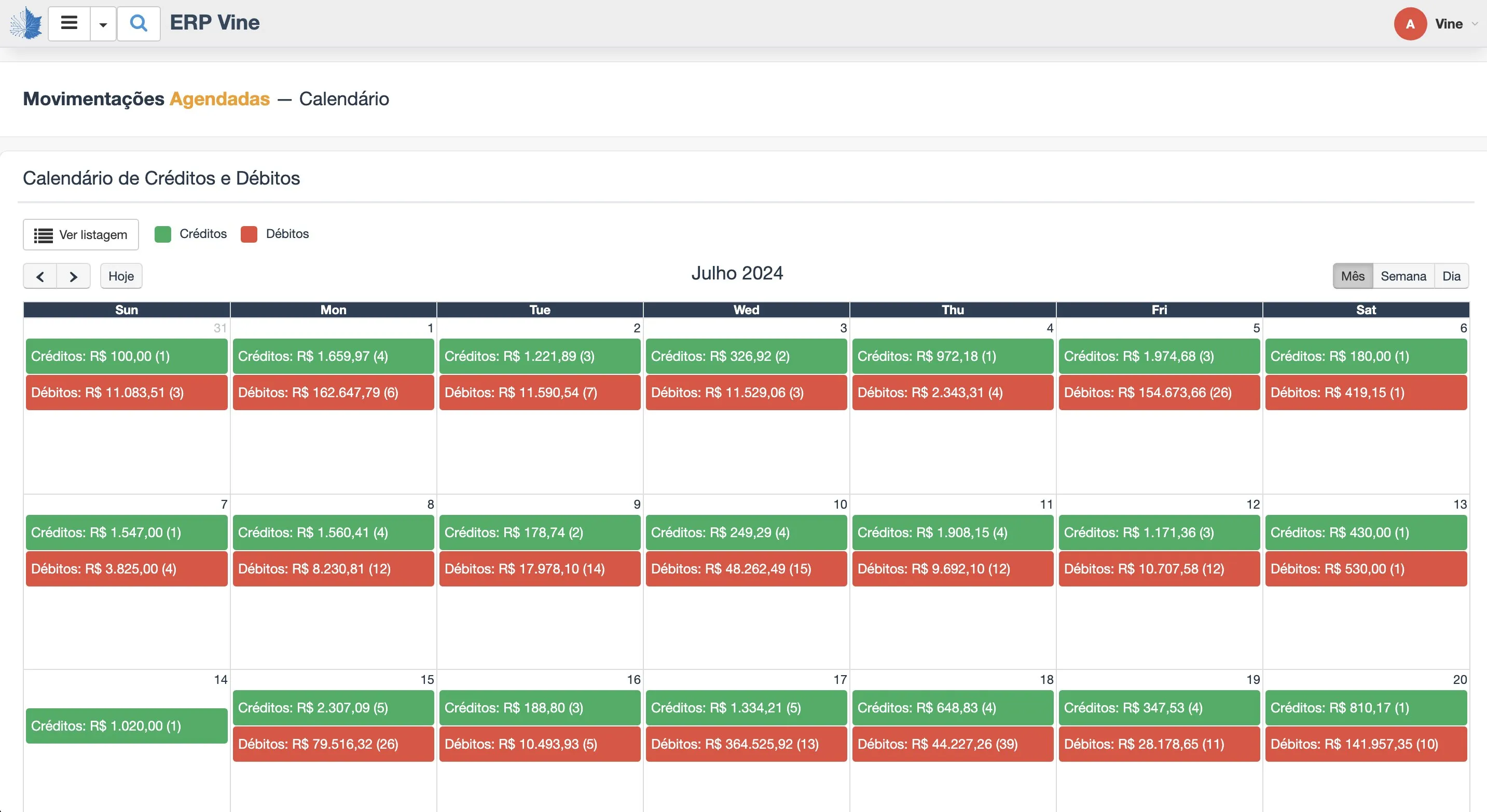 Calendário de créditos e débitos